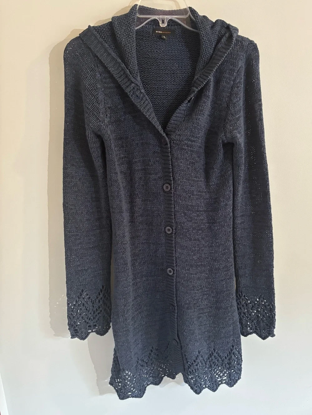 BCBGMaxAzria Navy Hooded Button-Front Knit Cardigan Crochet Trim Size L